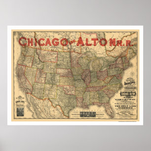 Póster Chicago & mapa 1883 da estrada de ferro de Alton