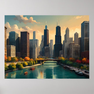Poster Chicago Retro Vibes - paisagem urbana clássica