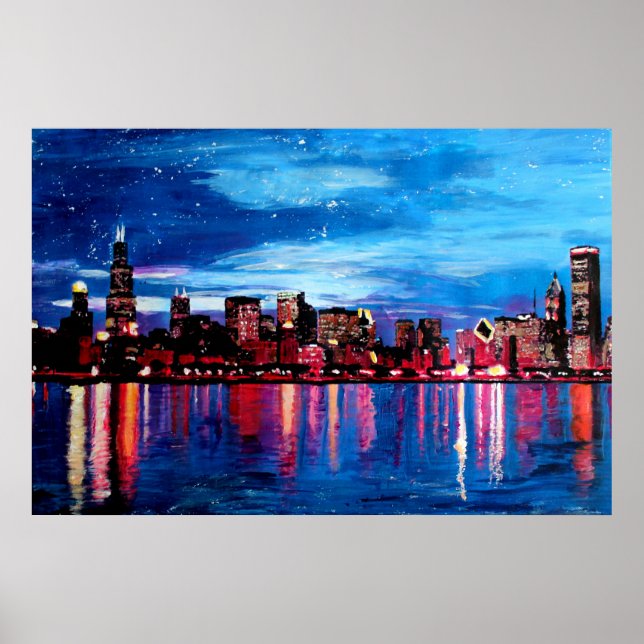 Póster Chicago Skyline à Noite (Frente)