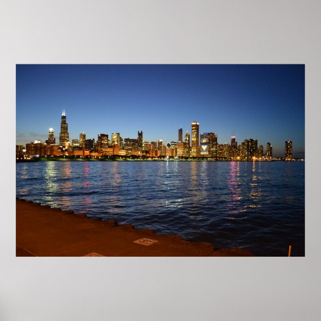 Póster Chicago Skyline à Noite (Frente)
