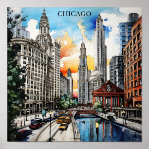 Poster Chicago Skyline Aquarela – Cidade do Vento Viagens