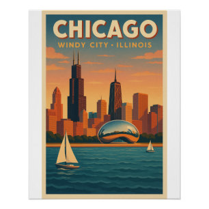 Póster Chicago Skyline Retro - Viagem pela Cidade do Vent