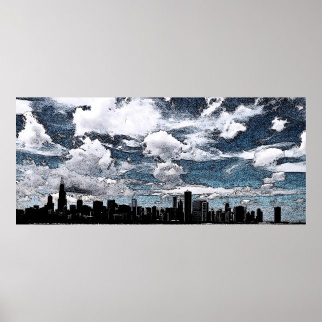 Póster Chicago Skyline, Tinta (Frente)