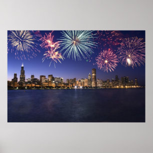 Póster Chicago Skyline with Fireworks Print