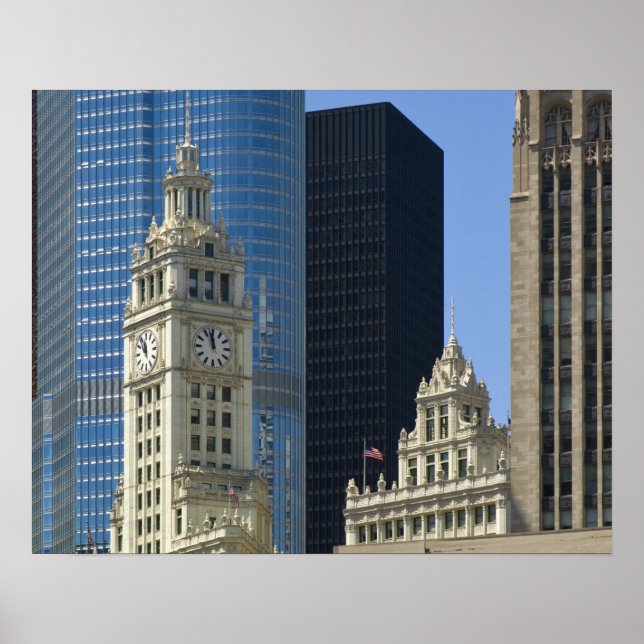 Póster Chicago, Wrigley Building com Trump Hotel e (Frente)