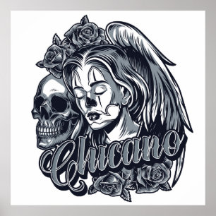 Poster Chicano (Mulher com Asas, Rosas e Caveira)