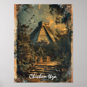 Poster Chichen Itza Mexico Viagens vintage