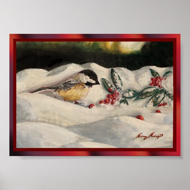 Poster Chickadee and Mistletoe on Christmas Winter Snow P (Frente)