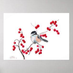 Poster CHICKADEE & BAGAS VERMELHAS por SHARON SHARPE