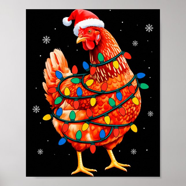 Poster Chicken Christmas Tree Lights Farm Animal Santa Xm (Frente)