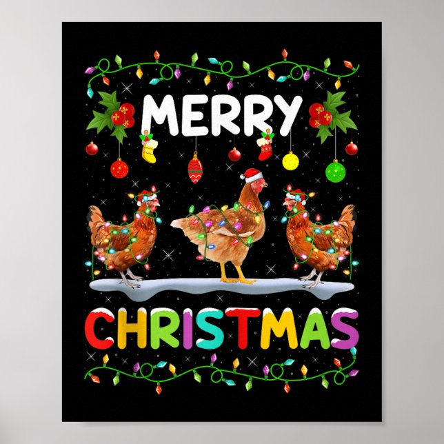 Poster Chicken Merry Christmas Lights Santa Hat Funny Chi (Frente)