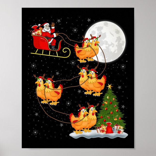 Poster Chicken Santa Sleigh Flying Funny Magical Christma (Frente)