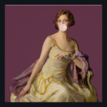 Póster Chiclete Diva<br><div class="desc">Pop de arte de uma pintura de remix vintage de uma mulher em amarelo soprando uma pastilha elástica rosa com fundo dourado.</div>