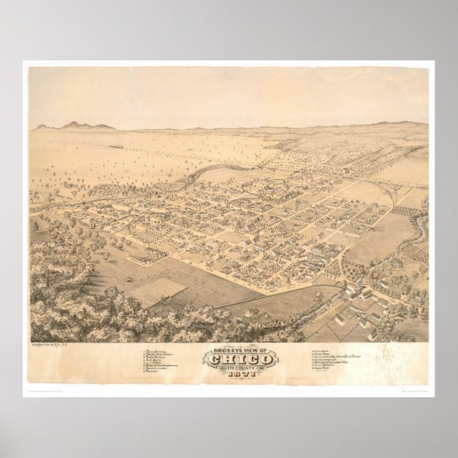 Póster Chico, CA. Mapa Panorâmico 1871 (0272A) (Frente)