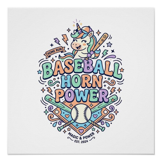 Póster Chifre de Beisebol Unicórnio Poder Kawaii Design V (Frente)