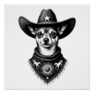 Póster Chihuahua Antigo Estilo de Gravura Cowboy Ocidenta