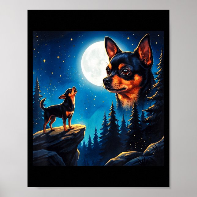 Poster Chihuahua engraçado uivando para a lua amante de c (Frente)