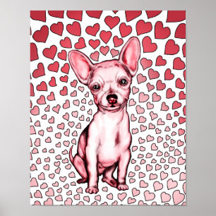 Póster Chihuahua Pink Hearts Valentine's Day
