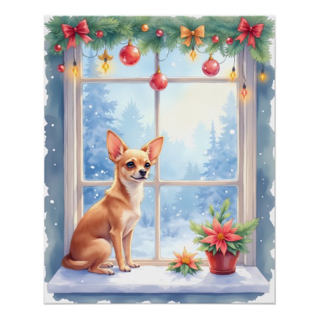 Póster Chihuahua Snowy Windowsill Holiday Christmas Art (Frente)