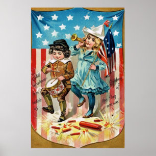 Póster Children Parade American Flag Vintage 4 de julho