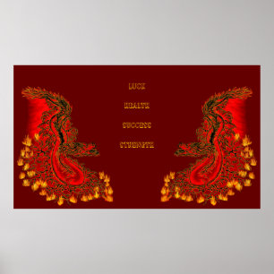 Poster China Dragon vermelho e design de ouro