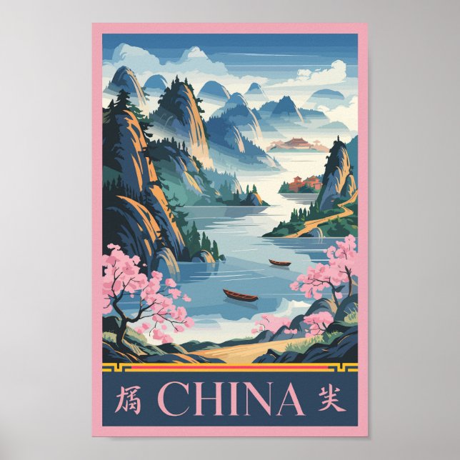 Poster China Illustration Pink Travel Art Vintage (Frente)