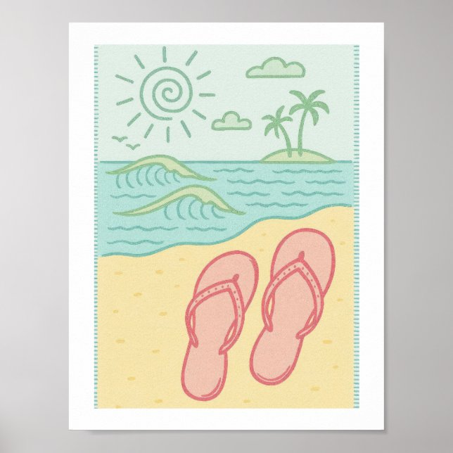 Poster Chinelos Retro Praia Oceano Tropical Sol Costeiro (Frente)