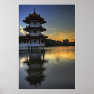 Poster chinês da construção do pagode do jardim