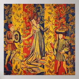 Poster Chinoiserie amarela azul-vermelha medieval italian