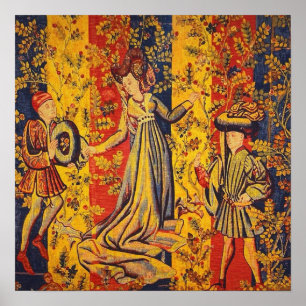 Poster Chinoiserie amarela azul-vermelha medieval italian