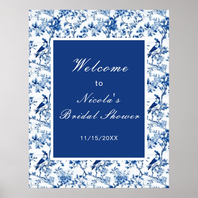 Poster Chinoiserie Aves Azuis e Flores Chá de Noiva (Frente)