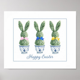Poster Chinoiserie Azul e Branco com Topiárias de Coelho