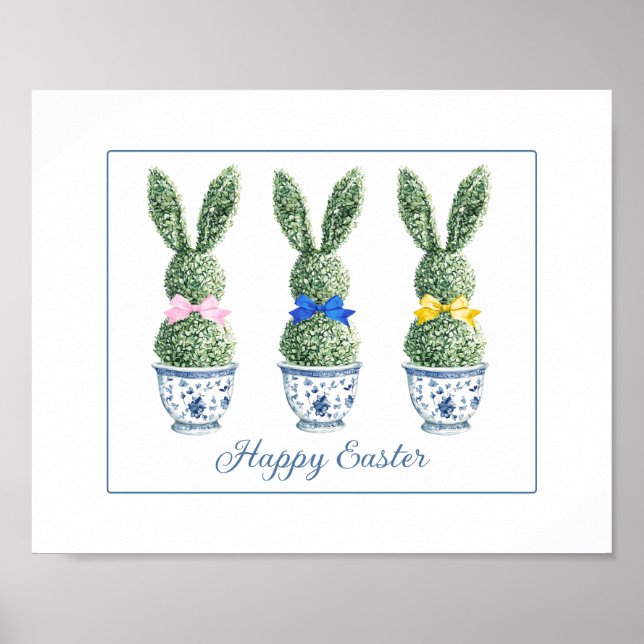 Poster Chinoiserie Azul e Branco com Topiárias de Coelho (Frente)