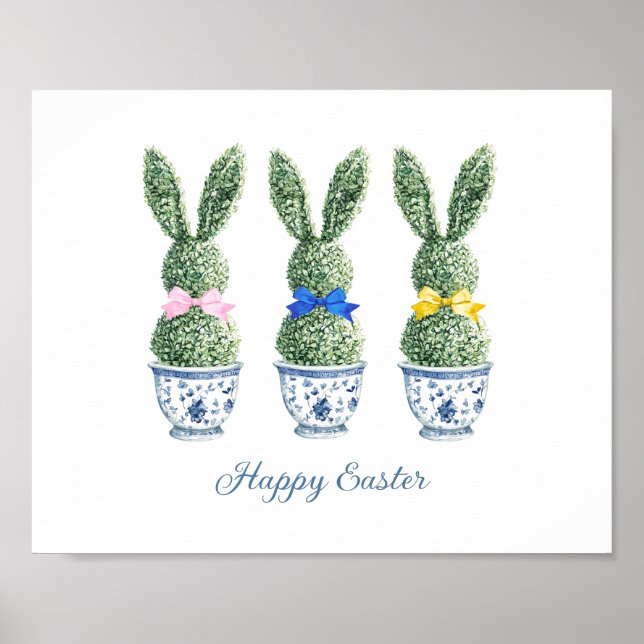 Poster Chinoiserie Azul e Branco Com Topiárias de Coelho (Frente)