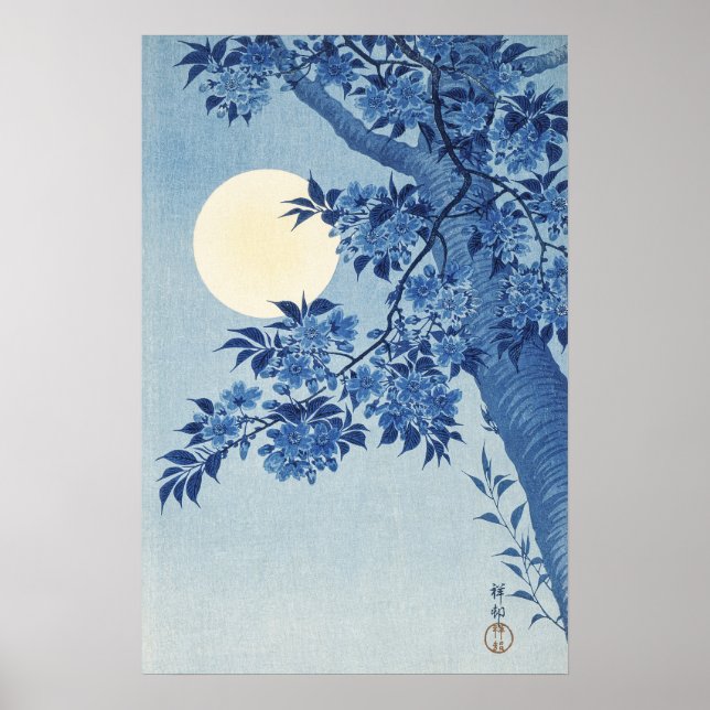 Poster Chinoiserie Azul-Marinho Flor de Cerejeira & Lua C (Frente)