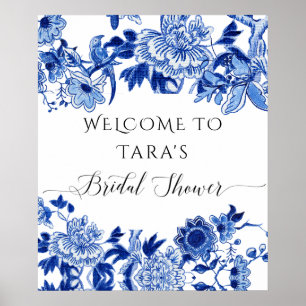 Poster Chinoiserie Blue White Welcome Bird Foliage Bridal