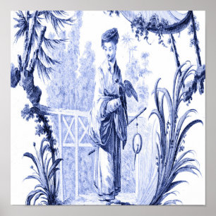Poster Chinoiserie chinesa azul e branca oriental