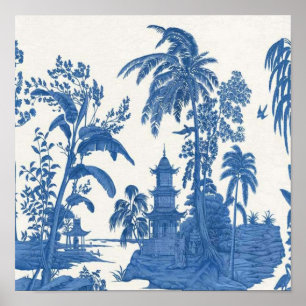 Poster Chinoiserie chinesa azul e branca oriental