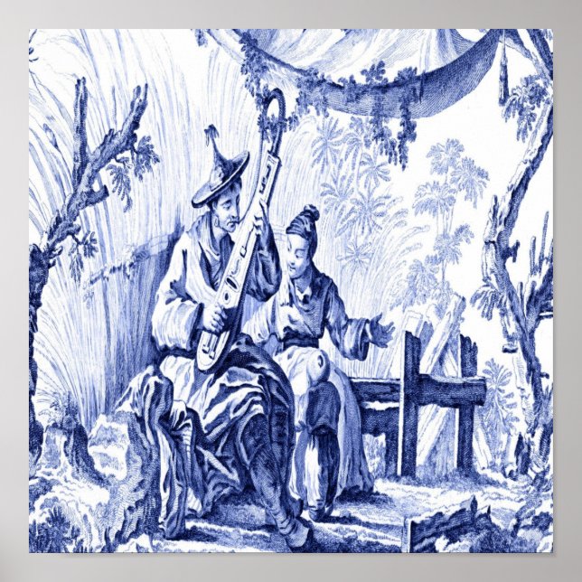 Poster Chinoiserie chinesa azul e branca oriental (Frente)