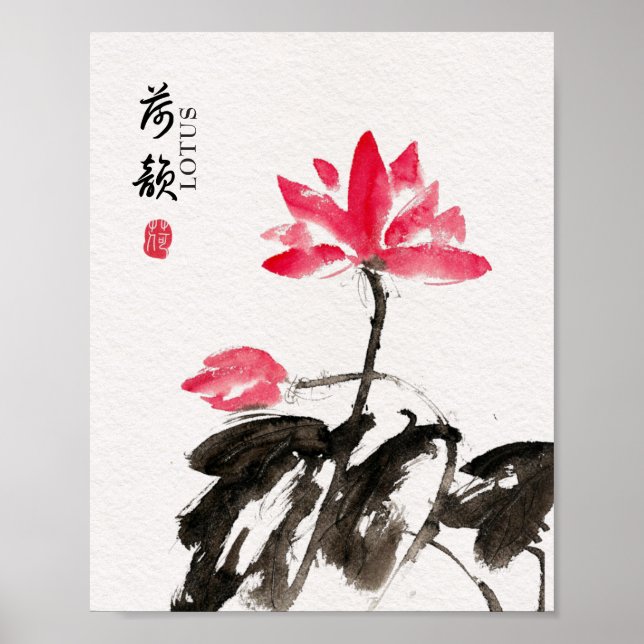 Poster Chinoiserie Solta Aquarela Flores de Lotus (Frente)