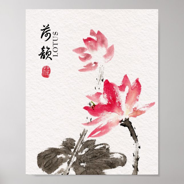 Poster Chinoiserie Solta Aquarela Flores de Lotus (Frente)