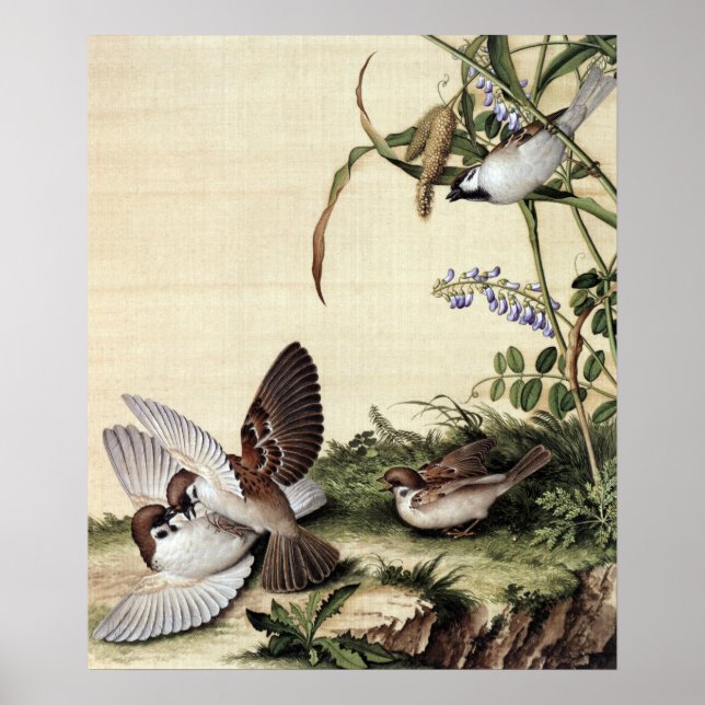 Poster Chinoiserie Vintage Pardais e Flores Roxas (Frente)