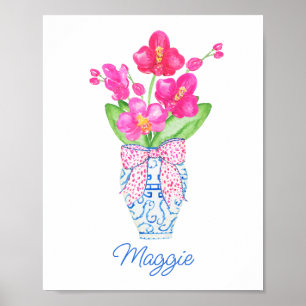 Poster Chinoiserie Watercolor Orquídeas Ginger Jar