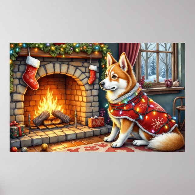 Poster Chinook Sitting by Fireplace with Christmas Lights (Frente)