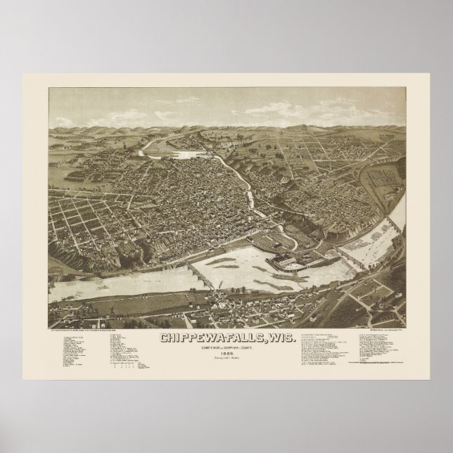 Poster Chippewa Falls, Mapa Panorâmico da I - 1886 (Frente)