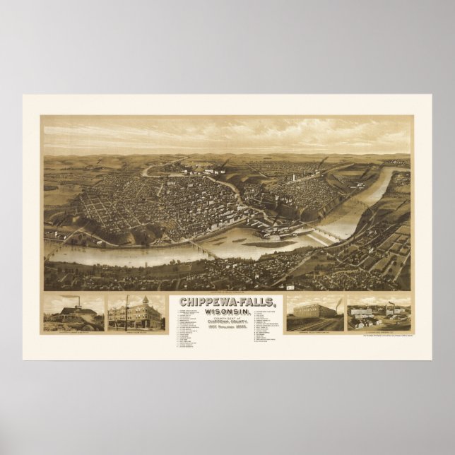 Póster Chippewa Falls, Mapa Panorâmico da I - 1907 (Frente)