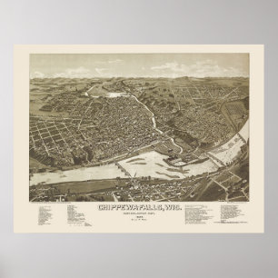 Poster Chippewa Falls, mapa panorâmico dos WI - 1886