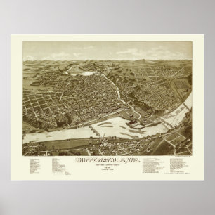 Poster Chippewa Falls, mapa panorâmico dos WI - 1886