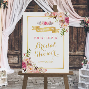 Póster Chique Elegante Moldura Dourada Floral Chá de Noiv