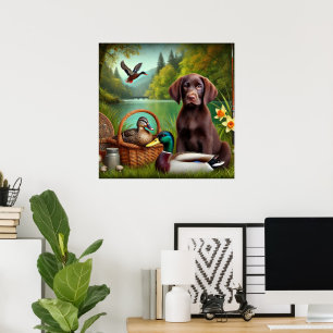 Poster Chocolate Labrador Puppy por um lago com Patos